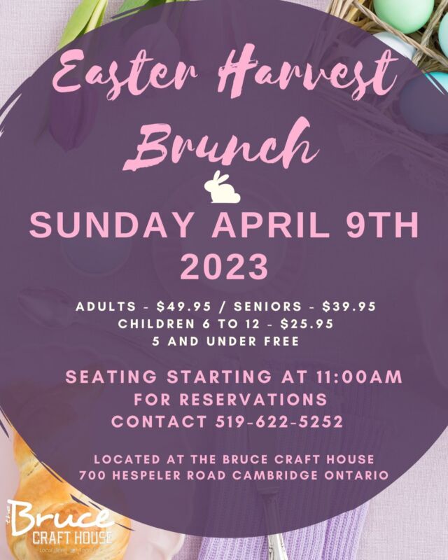 Join us on Sunday April 9th 2023 for our annual Easter Brunch! Celebrate Easter surrounded by delicious food and great company. Guest can look forward to a carvery station, harvest table and demitasse dessert bar.  For reservations, call us at 519-622-5252